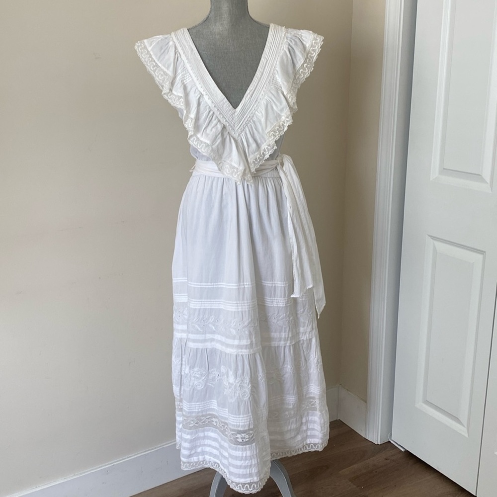 St Roche V-Neck Lace Crochet Embroidered Organic Cotton Maxi Dress Size 8